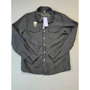 ROMWE Shirt Mens Black Corduroy Skull Patch Button Down Size Large